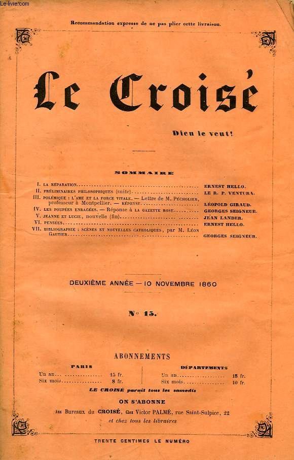 LE CROIS, DIEU LE VEUT !, 2e ANNEE, N 15, NOV. 1860