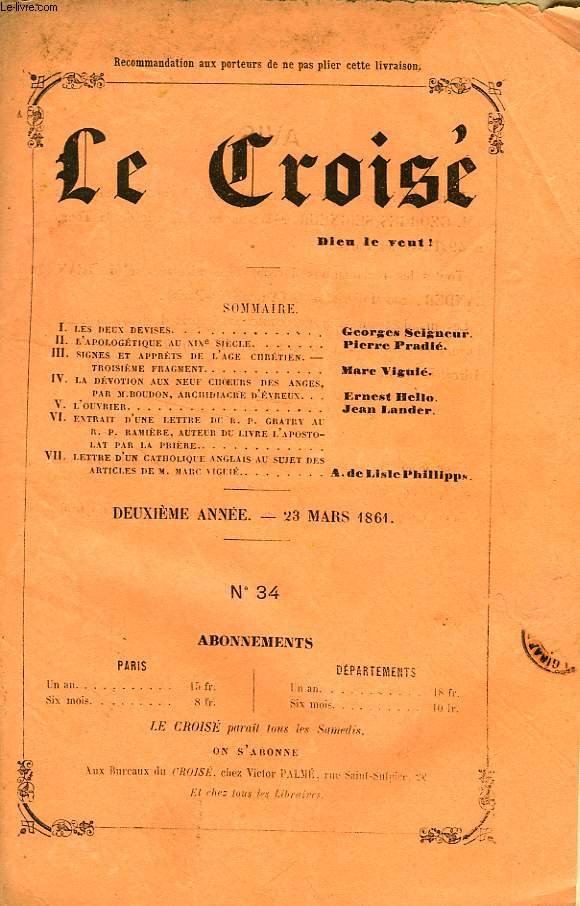 LE CROIS, DIEU LE VEUT !, 2e ANNEE, N 34, MARS 1861