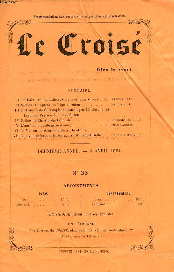 LE CROIS, DIEU LE VEUT !, 2e ANNEE, N 36, AVRIL 1861