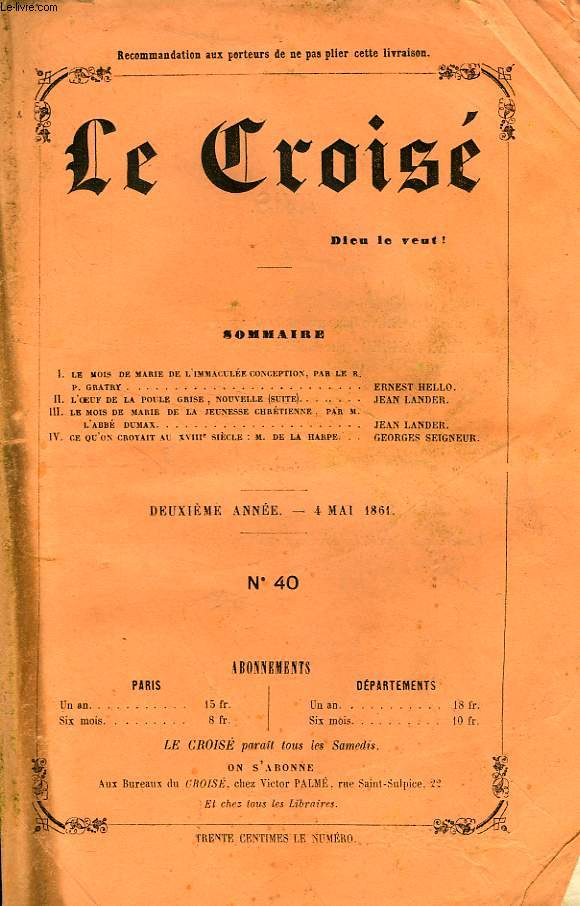 LE CROIS, DIEU LE VEUT !, 2e ANNEE, N 40, MAI 1861