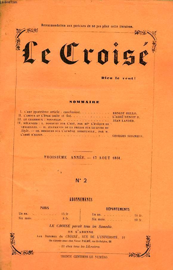 LE CROIS, DIEU LE VEUT !, 3e ANNEE, N 2, AOUT 1861