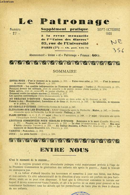 LE PATRONAGE, N 27, SEPT.-OCT. 1931, SUPPLEMENT PRATIQUE A LA REVUE MENSUELLE DE L' 'UNION DES OEUVRES'