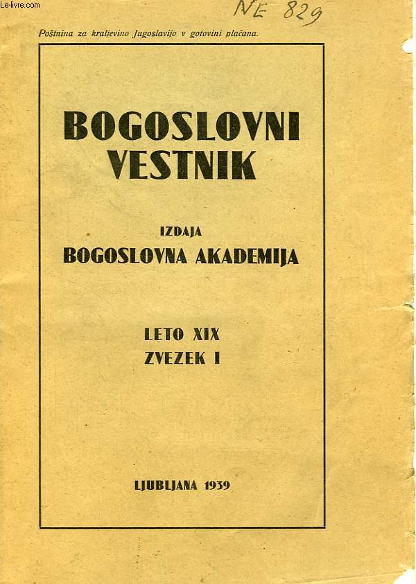 OGOSLOVNI VESTNIK, LETO XIX, ZVEZEK I, 1939, IZDAJA BOGOSLOVNA AKADEMIJA