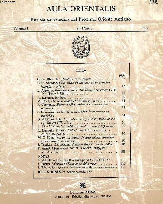 AULA ORIENTALIS, VOL. I, N 1, ENERO 1983, REVISTA DE ESTUDIOS DEL PROXIMO ORIENTE ANTIGUO