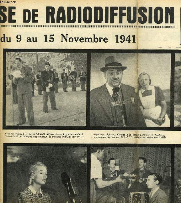 FEDERATION FRANCAISE DE RADIODIFFUSION, PROGRAMMES DE LA SEMAINE DU 9 AU 15 NOV. 1941