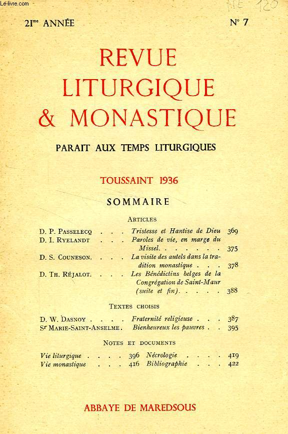 REVUE LITURGIQUE & MONASTIQUE, 21e ANNEE, N 7, TOUSSAINT 1936