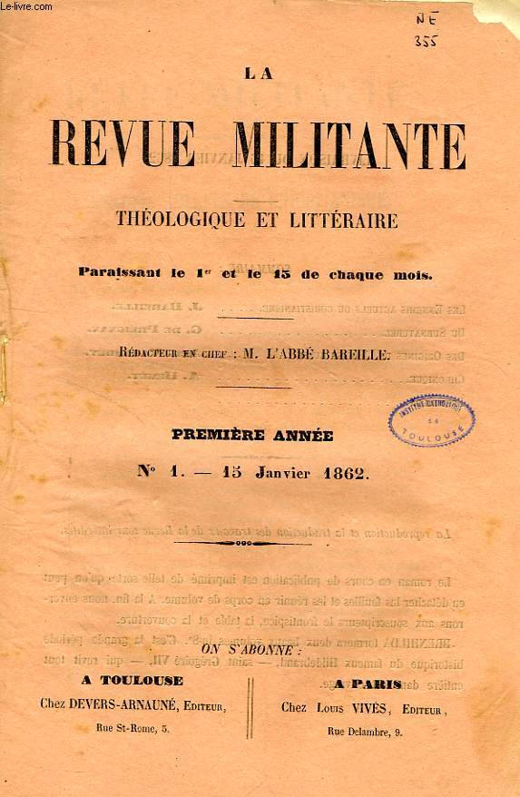 LA REVUE MILITANTE, THEOLOGIQUE ET LITTERAIRE, 1re ANNEE, N 1, 15 JAN. 1862