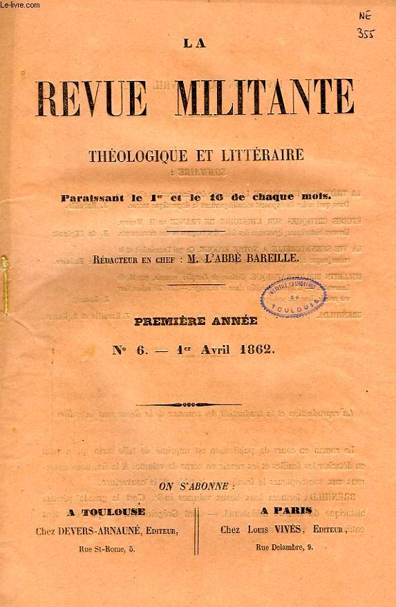 LA REVUE MILITANTE, THEOLOGIQUE ET LITTERAIRE, 1re ANNEE, N 6, 1er AVRIL 1862