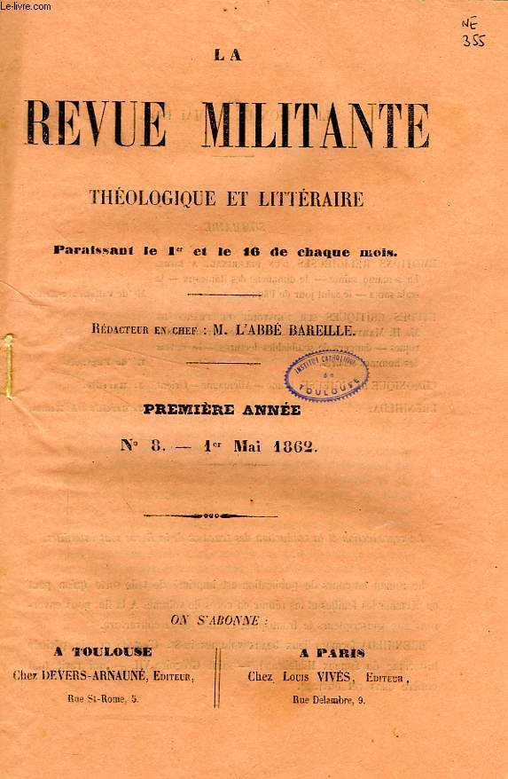 LA REVUE MILITANTE, THEOLOGIQUE ET LITTERAIRE, 1re ANNEE, N 8, 1er MAI 1862