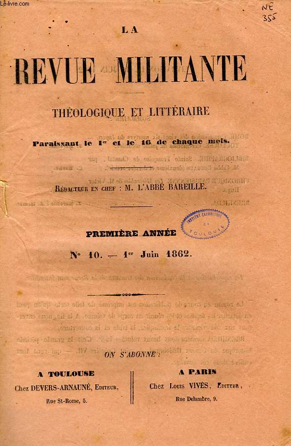 LA REVUE MILITANTE, THEOLOGIQUE ET LITTERAIRE, 1re ANNEE, N 10, 1er JUIN 1862