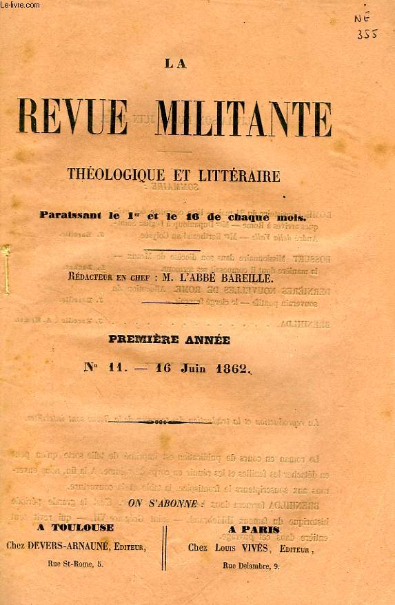 LA REVUE MILITANTE, THEOLOGIQUE ET LITTERAIRE, 1re ANNEE, N 11, 16 JUIN 1862