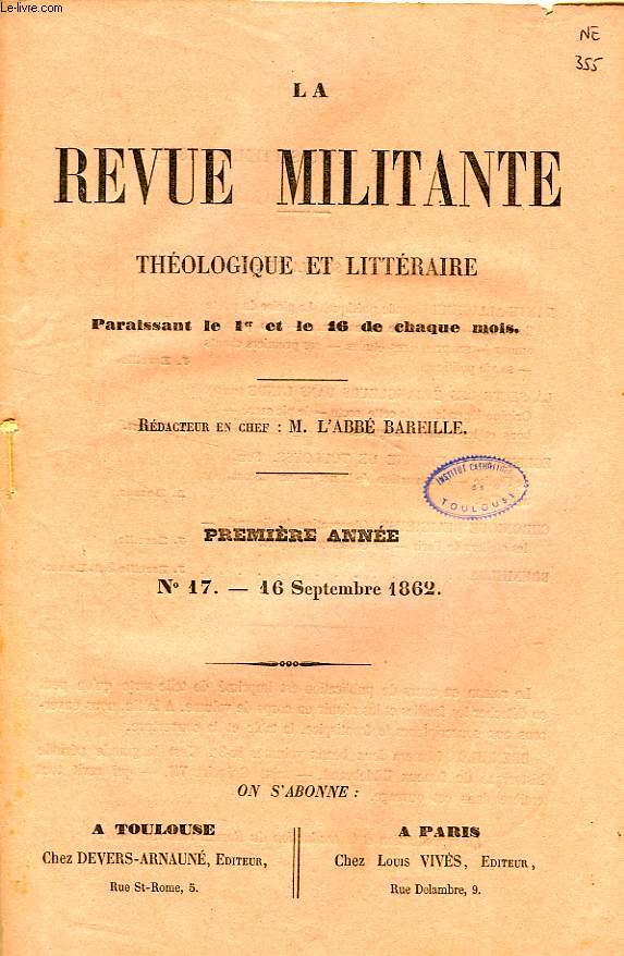 LA REVUE MILITANTE, THEOLOGIQUE ET LITTERAIRE, 1re ANNEE, N 17, 16 SEPT. 1862