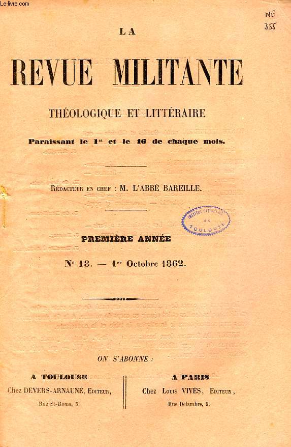 LA REVUE MILITANTE, THEOLOGIQUE ET LITTERAIRE, 1re ANNEE, N 18, 1er OCT. 1862