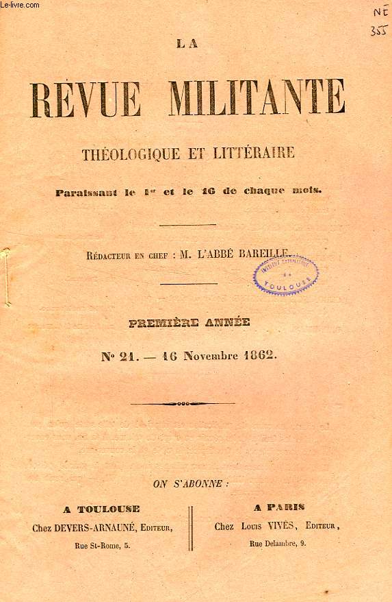 LA REVUE MILITANTE, THEOLOGIQUE ET LITTERAIRE, 1re ANNEE, N 21, 16 NOV. 1862