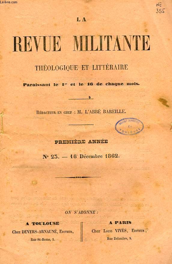 LA REVUE MILITANTE, THEOLOGIQUE ET LITTERAIRE, 1re ANNEE, N 23, 16 DEC. 1862