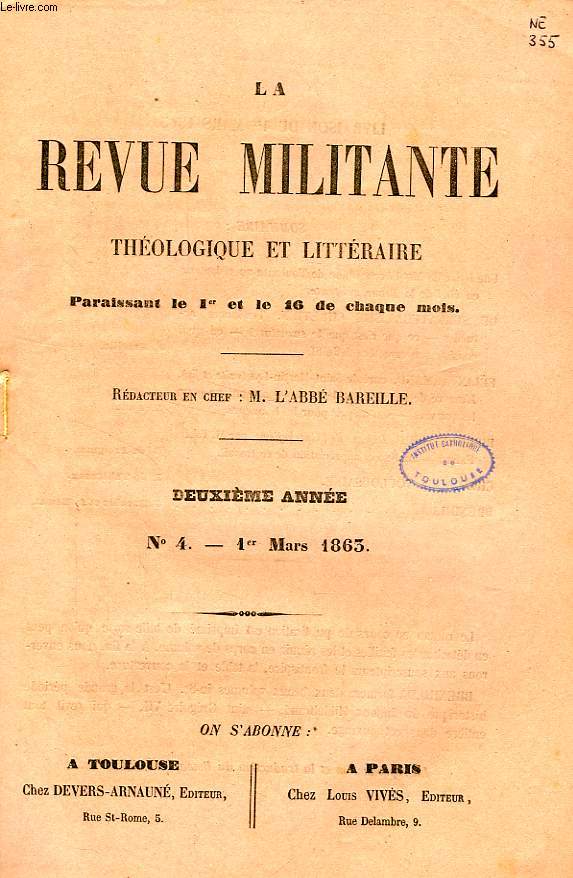 LA REVUE MILITANTE, THEOLOGIQUE ET LITTERAIRE, 2e ANNEE, N 4, 1er MARS 1863