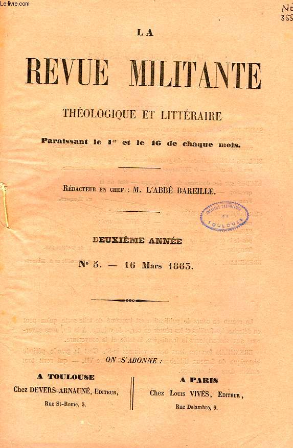 LA REVUE MILITANTE, THEOLOGIQUE ET LITTERAIRE, 2e ANNEE, N 5, 16 MARS 1863