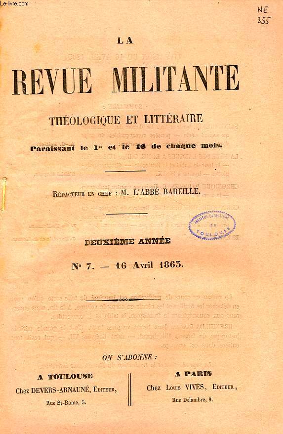 LA REVUE MILITANTE, THEOLOGIQUE ET LITTERAIRE, 2e ANNEE, N 7, 16 AVRIL 1863