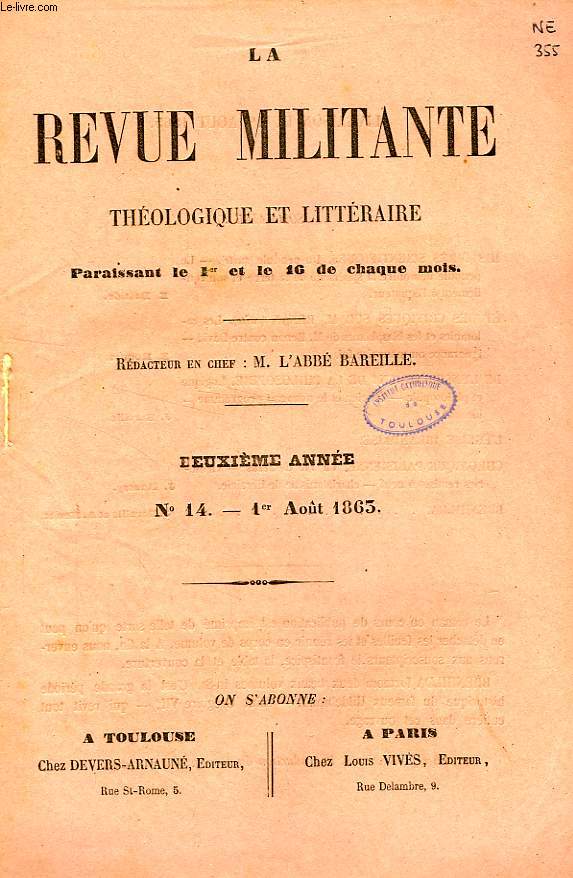 LA REVUE MILITANTE, THEOLOGIQUE ET LITTERAIRE, 2e ANNEE, N 14, 1er AOUT 1863