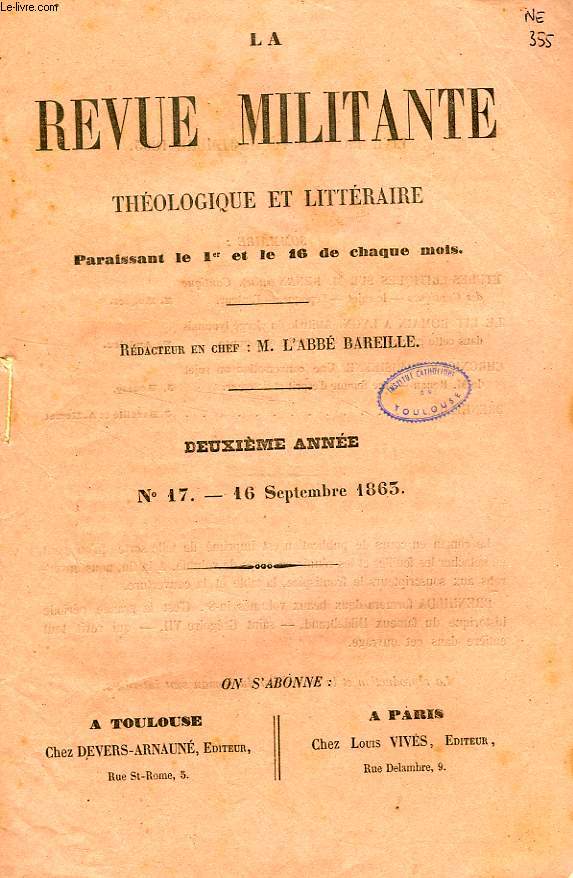 LA REVUE MILITANTE, THEOLOGIQUE ET LITTERAIRE, 2e ANNEE, N 17, 16 SEPT. 1863