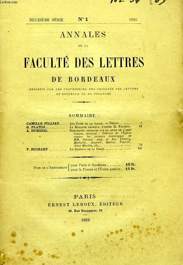 ANNALES DE LA FACULTE DES LETTRES DE BORDEAUX, 2e SERIE, N 1, 1886