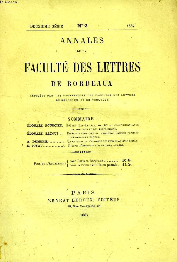 ANNALES DE LA FACULTE DES LETTRES DE BORDEAUX, 2e SERIE, N 2, 1887