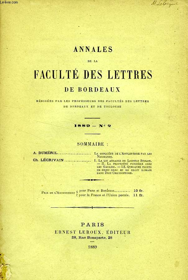 ANNALES DE LA FACULTE DES LETTRES DE BORDEAUX, N 2, 1889