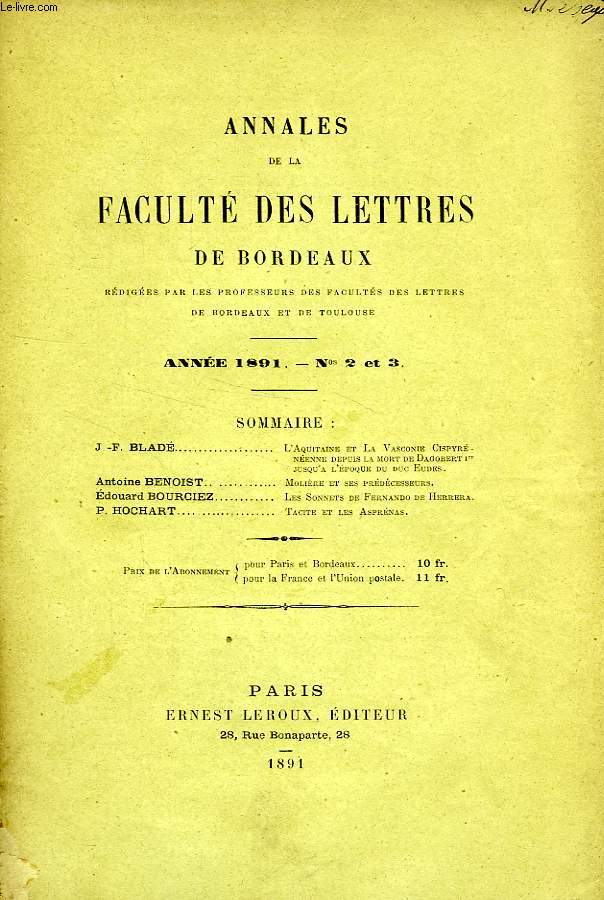 ANNALES DE LA FACULTE DES LETTRES DE BORDEAUX, N 2-3, 1891