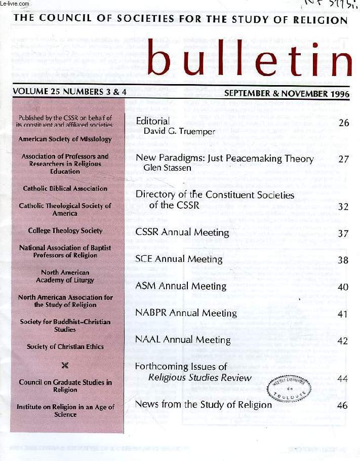 THE COUNCIL OF SOCIETIES FOR THE STUDY OF RELIGION BULLETIN, VOL. 25, N 3-4, SEPT.-NOV. 1996