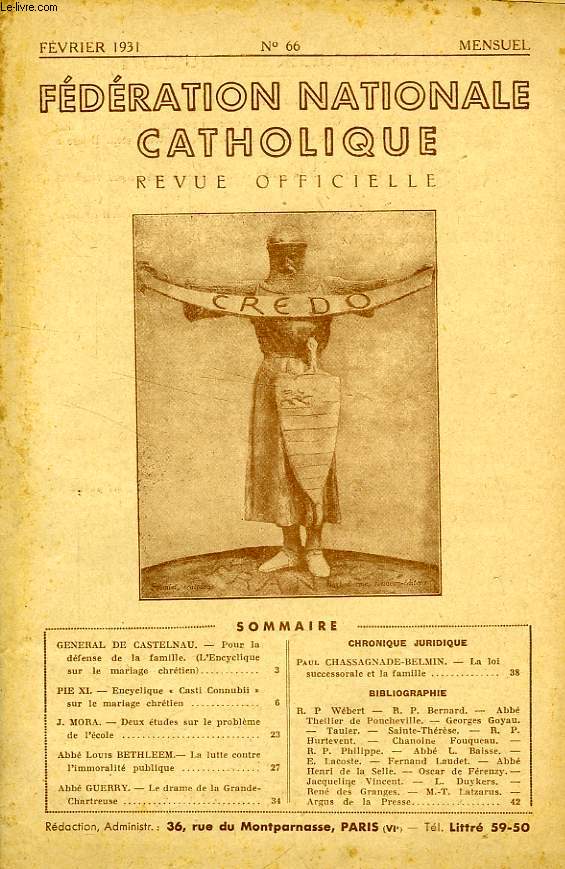 FEDERATION NATIONALE CATHOLIQUE, BULLETIN OFFICIEL, CREDO, N 66, FEV. 1931