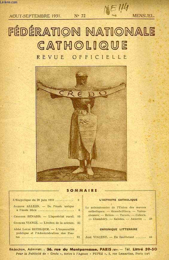 FEDERATION NATIONALE CATHOLIQUE, BULLETIN OFFICIEL, CREDO, N 72, AOUT-SEPT. 1931