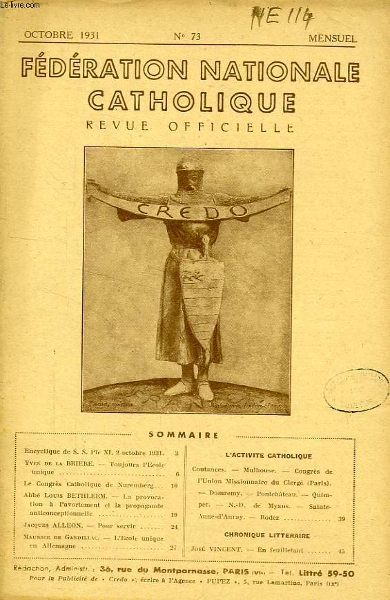 FEDERATION NATIONALE CATHOLIQUE, BULLETIN OFFICIEL, CREDO, N 73, OCT. 1931