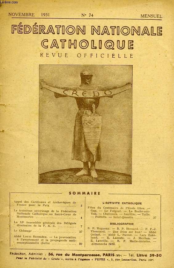 FEDERATION NATIONALE CATHOLIQUE, BULLETIN OFFICIEL, CREDO, N 74, NOV. 1931