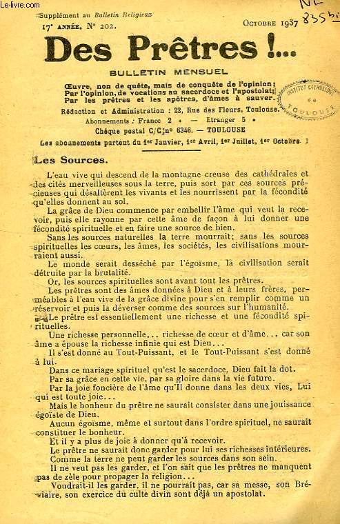 DES PRETRES !, SUPPLEMENT AU BULLETIN RELIGIEUX, 17e ANNEE, N 202, OCT. 1937