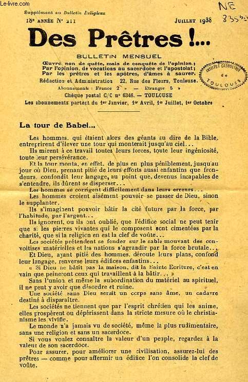 DES PRETRES !, SUPPLEMENT AU BULLETIN RELIGIEUX, 18e ANNEE, N 211, JUILLET 1938