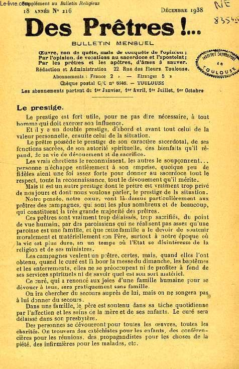 DES PRETRES !, SUPPLEMENT AU BULLETIN RELIGIEUX, 18e ANNEE, N 216, DEC. 1938