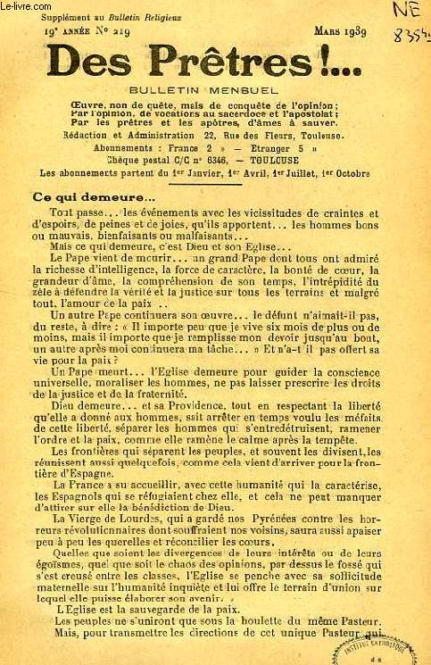 DES PRETRES !, SUPPLEMENT AU BULLETIN RELIGIEUX, 19e ANNEE, N 219, MARS 1939