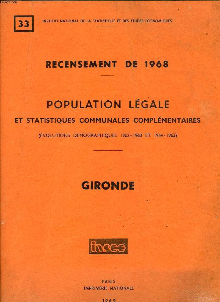 RECENSEMENT DE 1968, POPULATION LEGALE ET STATISTIQUES COMMUNALES COMPLEMENTAIRES, GIRONDE
