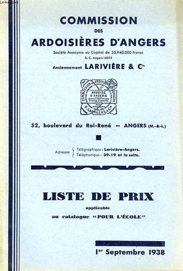 COMMISSION DES ARDOISIERES D'ANGERS, ANCIENNEMENT LARIVIERE & Cie, LISTE DE PRIX