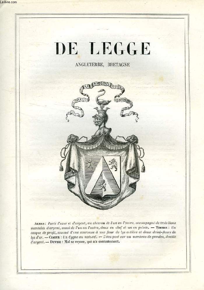ARMORIAL DE LA NOBLESSE DE FRANCE, EXTRAIT: DE LEGGE (ANGLETERRE, BRETAGNE)