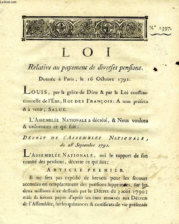 LOI, N 1397, RELATIVE AU PAYEMENT DE DIVERSES PENSIONS