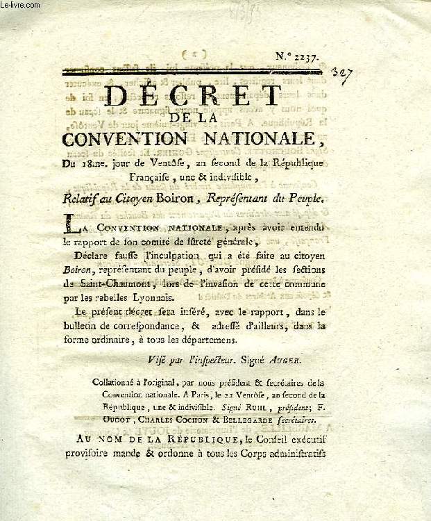 DECRET DE LA CONVENTION NATIONALE, N 2237, RELATIF AU CITOYEN BOIRON, REPRESENTANT DU PEUPLE