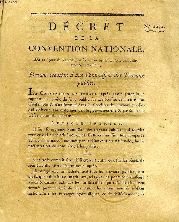 DECRET DE LA CONVENTION NATIONALE, N 2232, PORTANT CREATION D'UNE COMMISSION DES TRAVAUX PUBLICS
