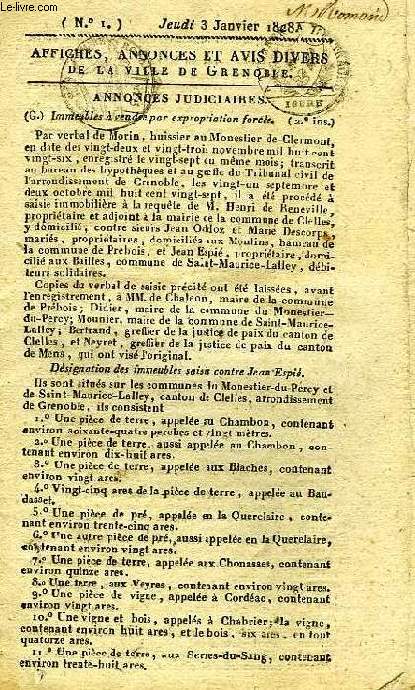 AFFICHES, ANNONCES ET AVIS DIVERS DE LA VILLE DE GRENOBLE (N 1), JEUDI 3 JANVIER 1828