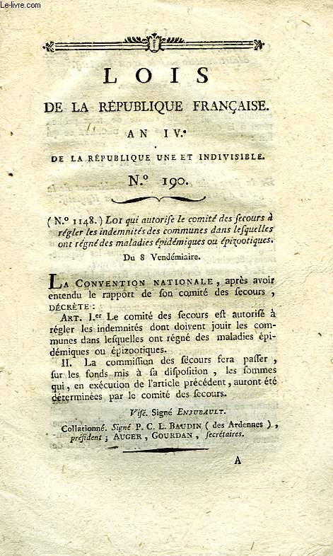 LOIS DE LA REPUBLIQUE FRANCAISE, N 190, AN IV DE LA REPUBLIQUE UNE ET INDIVISIBLE