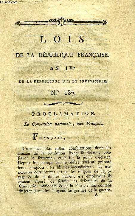 LOIS DE LA REPUBLIQUE FRANCAISE, N 187, AN IV DE LA REPUBLIQUE UNE ET INDIVISIBLE