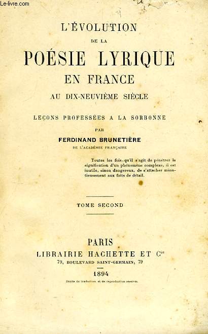 L'EVOLUTION DE LA POESIE LYRIQUE EN FRANCE AU XIXe SIECLE, TOME II