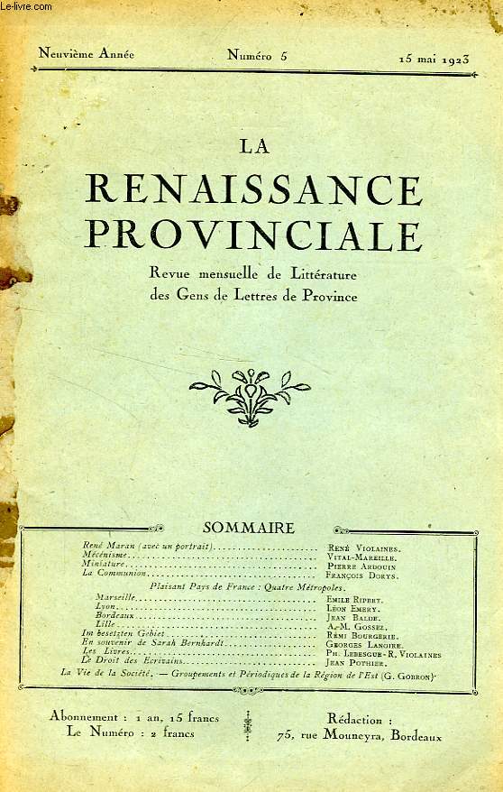 LA RENAISSANCE PROVINCIALE, 9e ANNEE, N 5, MAI 1923, REVUE DE LITTERATURE ET D'ART DES GENS DE LETTRES DE PROVINCE
