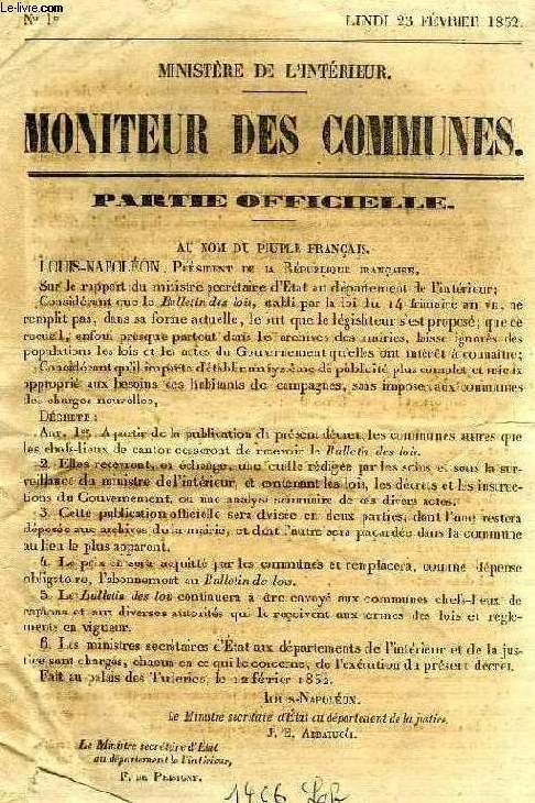 MONITEUR DES COMMUNES, 1re ANNEE, N 1-46, FEV.-DEC. 1852