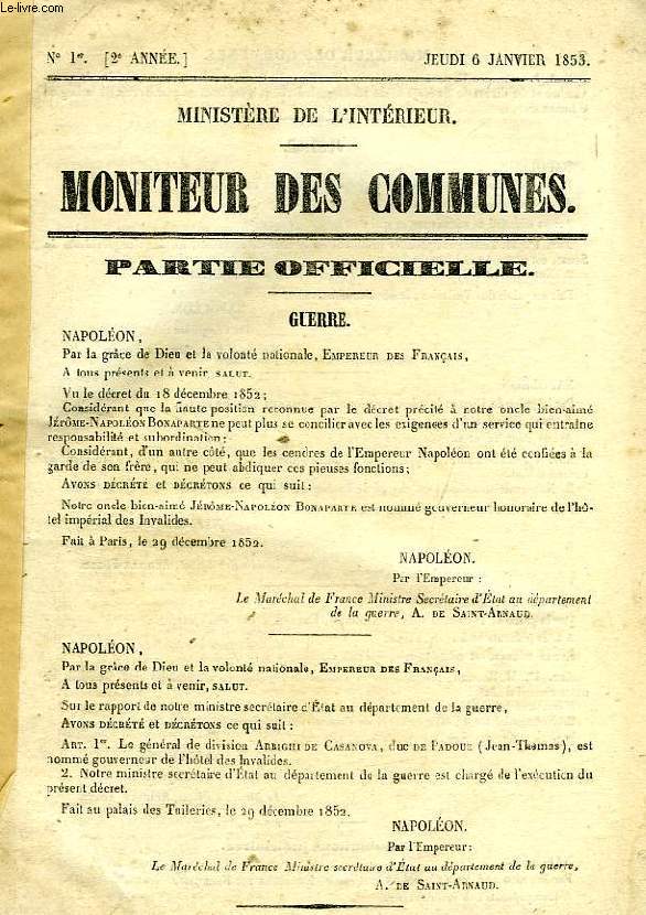 MONITEUR DES COMMUNES, 2e ANNEE, N 1-52, JAN.-DEC. 1852